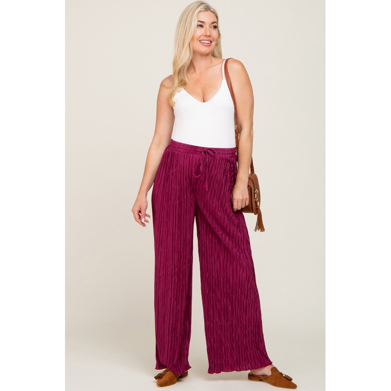 Burgundy Pleated Maternity Wide Leg Pants
