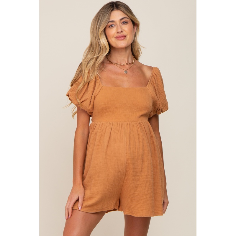 Camel Puff Sleeve Maternity Romper