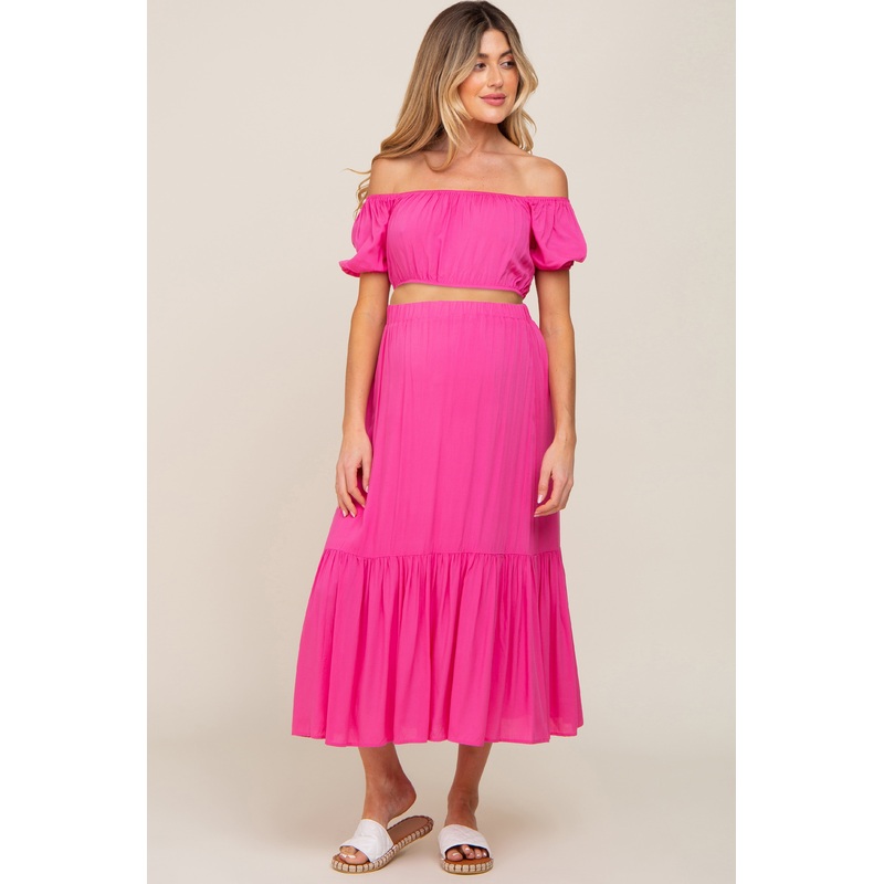 Fuchsia Crop Top and Skirt Two Piece Maternity Set