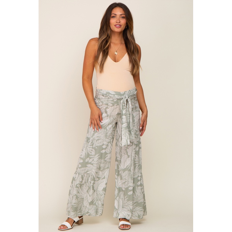 Light Olive Leaf Print Smocked Waist Bell Bottom Maternity Pants