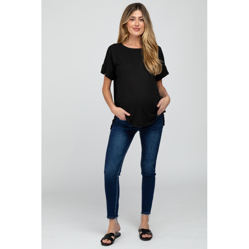 Navy Blue Frayed Hem Skinny Maternity Jeans