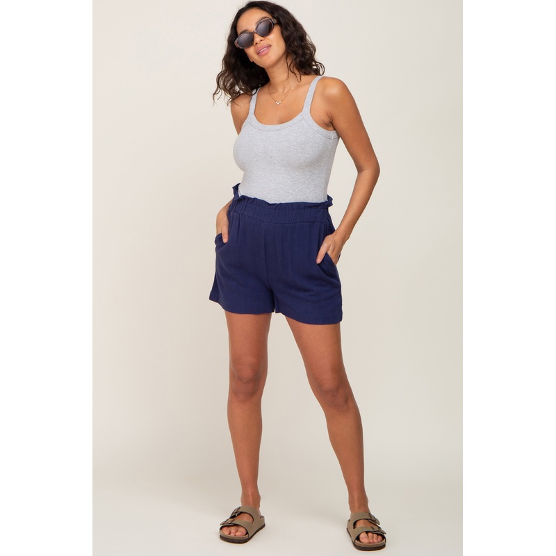 Navy Elastic Waist Linen Maternity Shorts