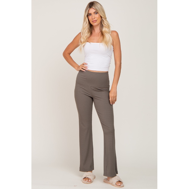 Olive Ribbed Flare Pants