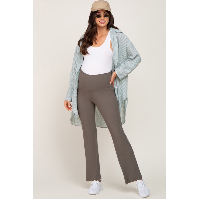 Olive Ribbed Maternity Flare Pants
