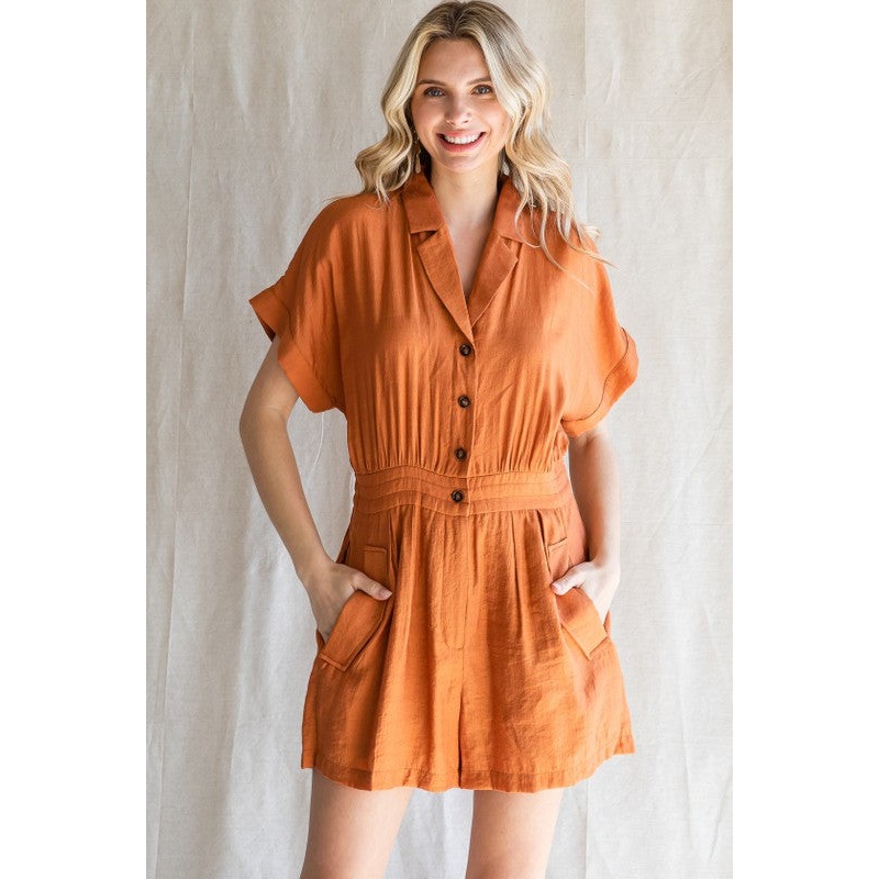 Rust Solid Button-Up Romper