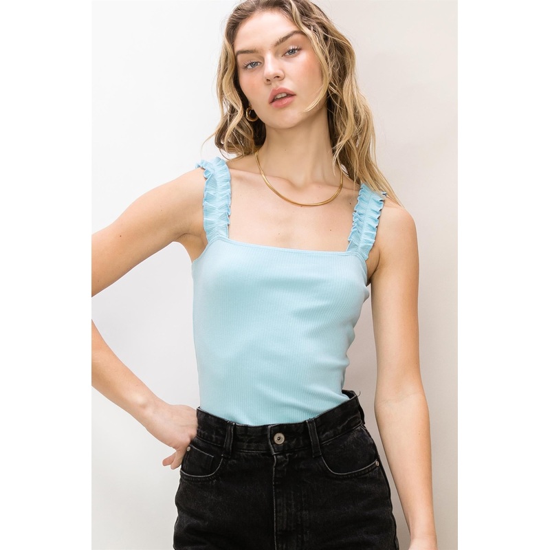 Sky Blue Ribbed Ruffle Strap Bodysuit