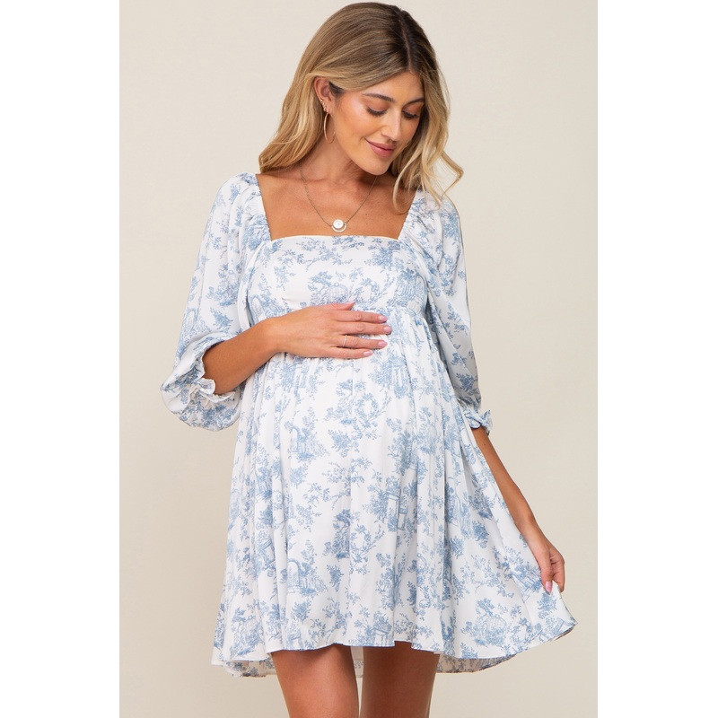 White Floral Puff Sleeve Satin Maternity Dress