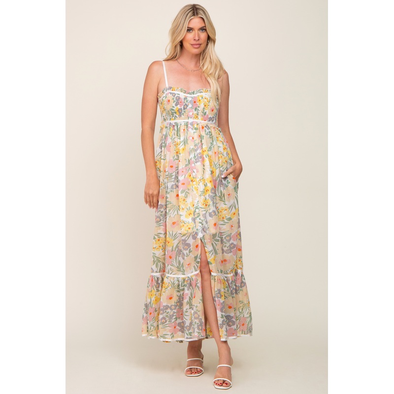 White Floral Sleeveless Button Down Maxi Dress