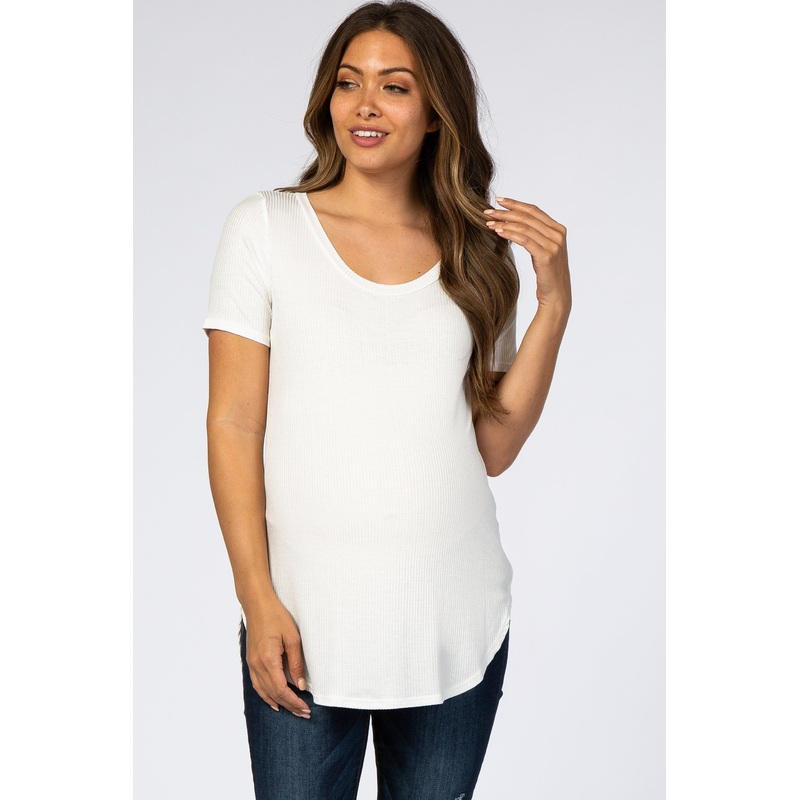 White Ribbed Rounded Hem Short Sleeve Maternity Top