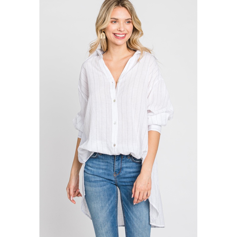 White Striped Button Up Top