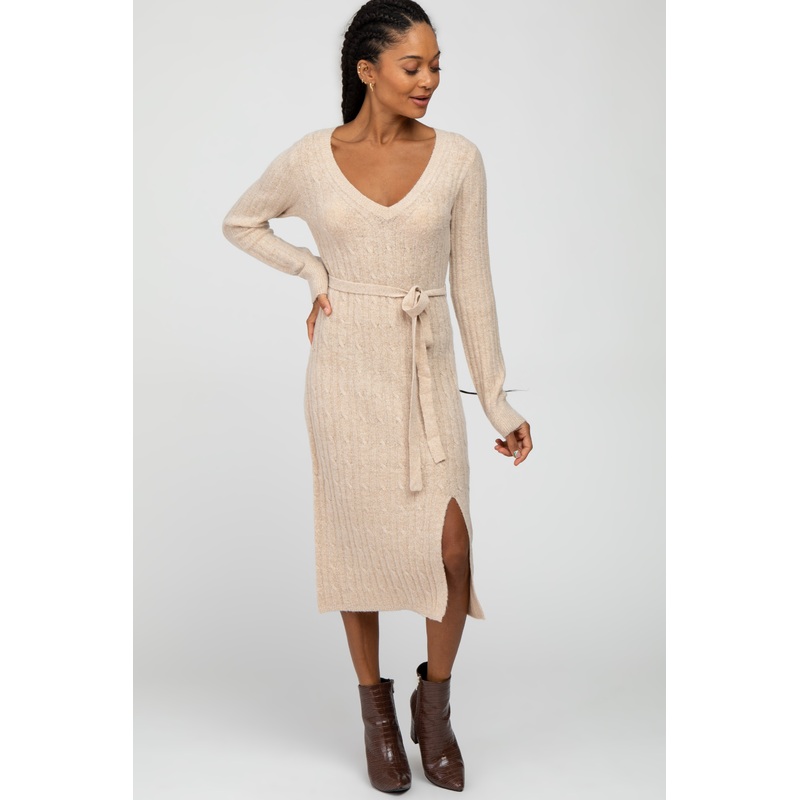 Beige Brushed Cable Knit Sweater Dress