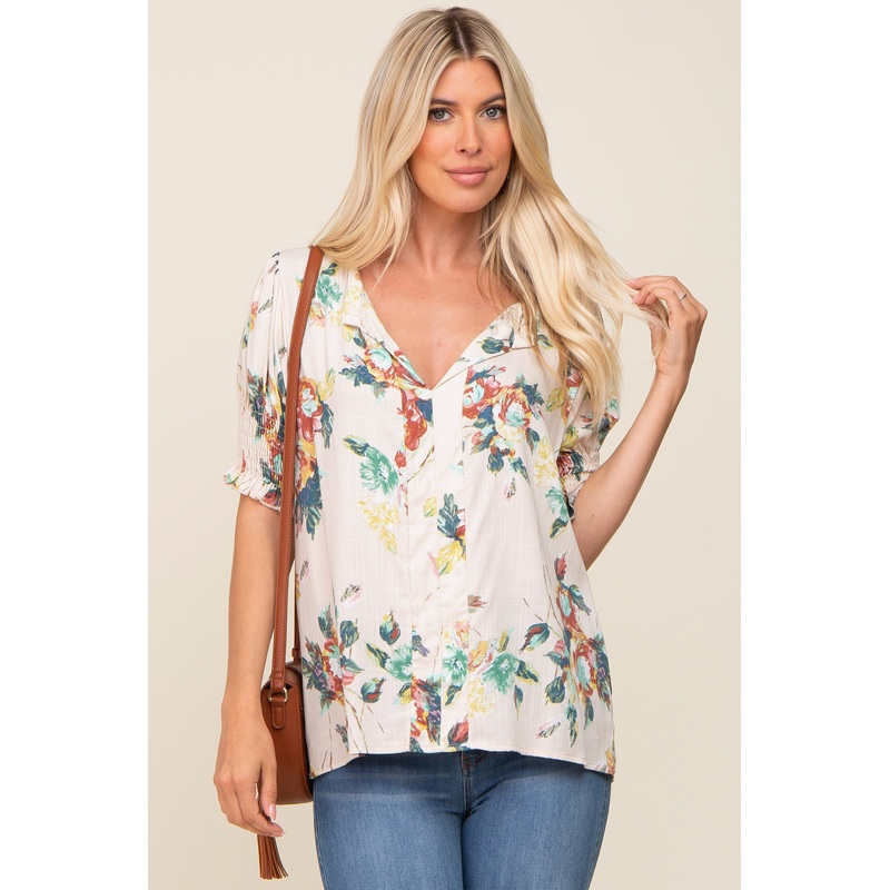Beige Floral Smocked Sleeve Top