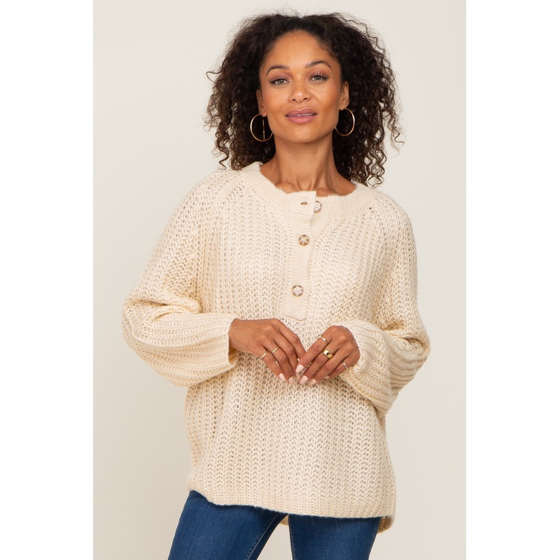 Beige Open Knit Button Front Sweater