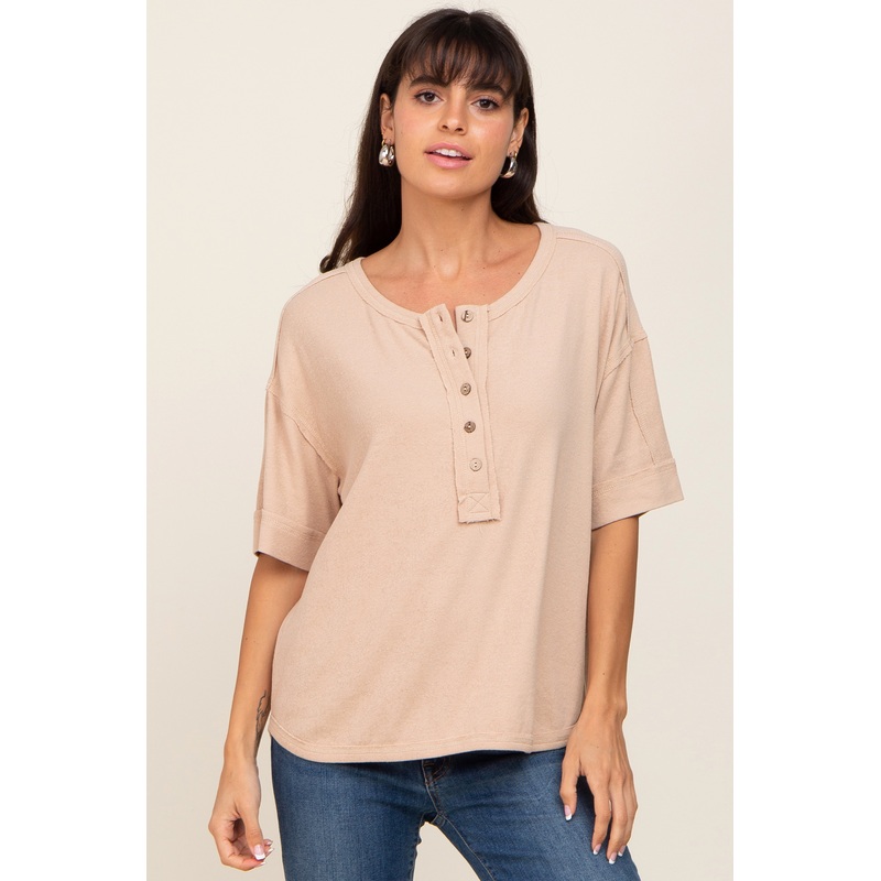 Beige Oversized Henley Top