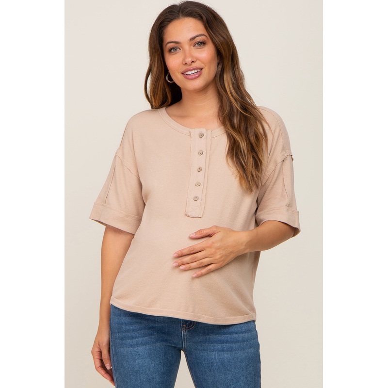 Beige Oversized Maternity Henley Top