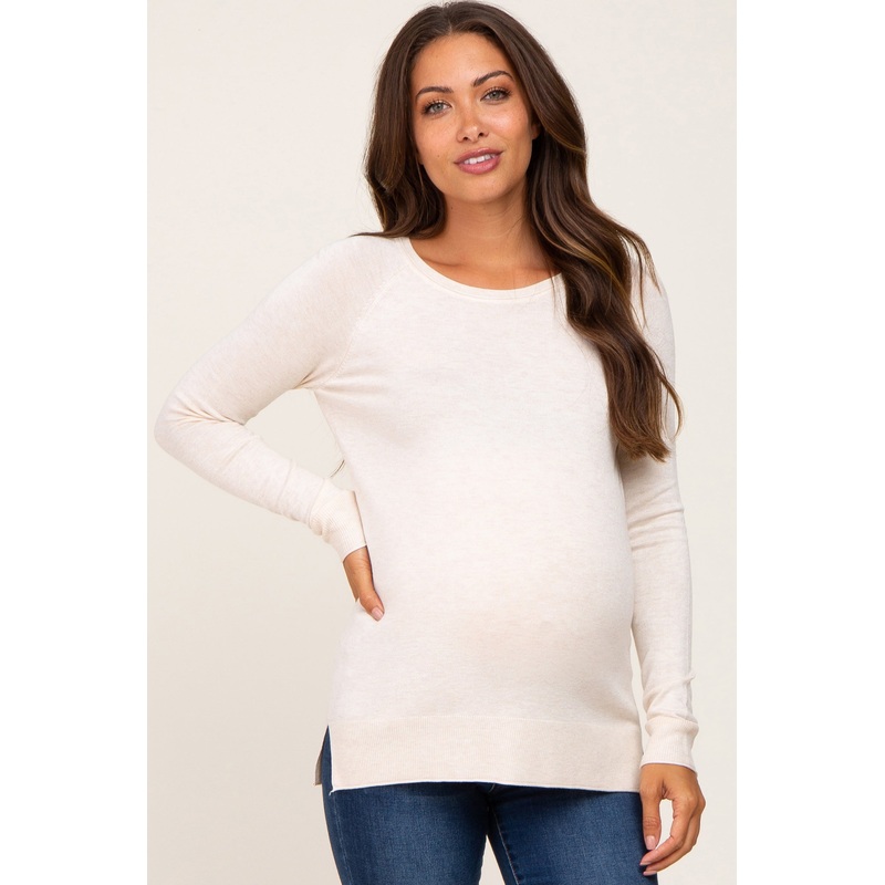 Beige Ribbed Knit Side Slit Maternity Sweater