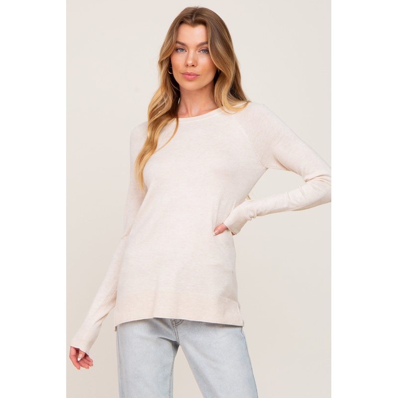 Beige Ribbed Knit Side Slit Sweater
