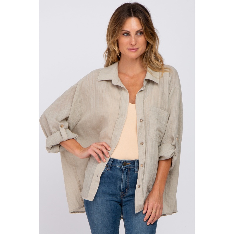 Beige Rolled Cuff Button Down Blouse