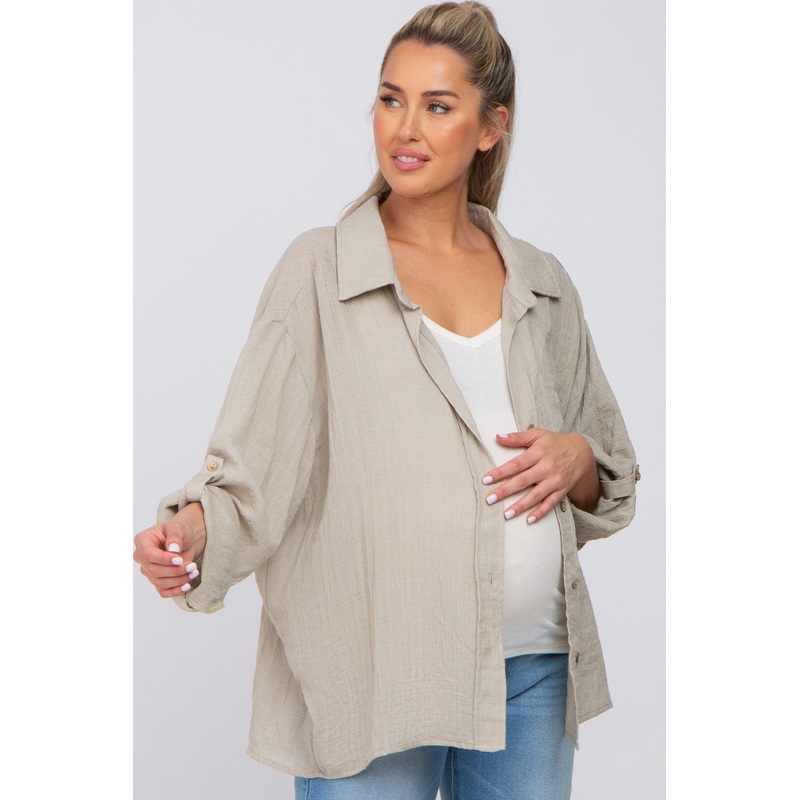 Beige Rolled Cuff Maternity Button Down Blouse