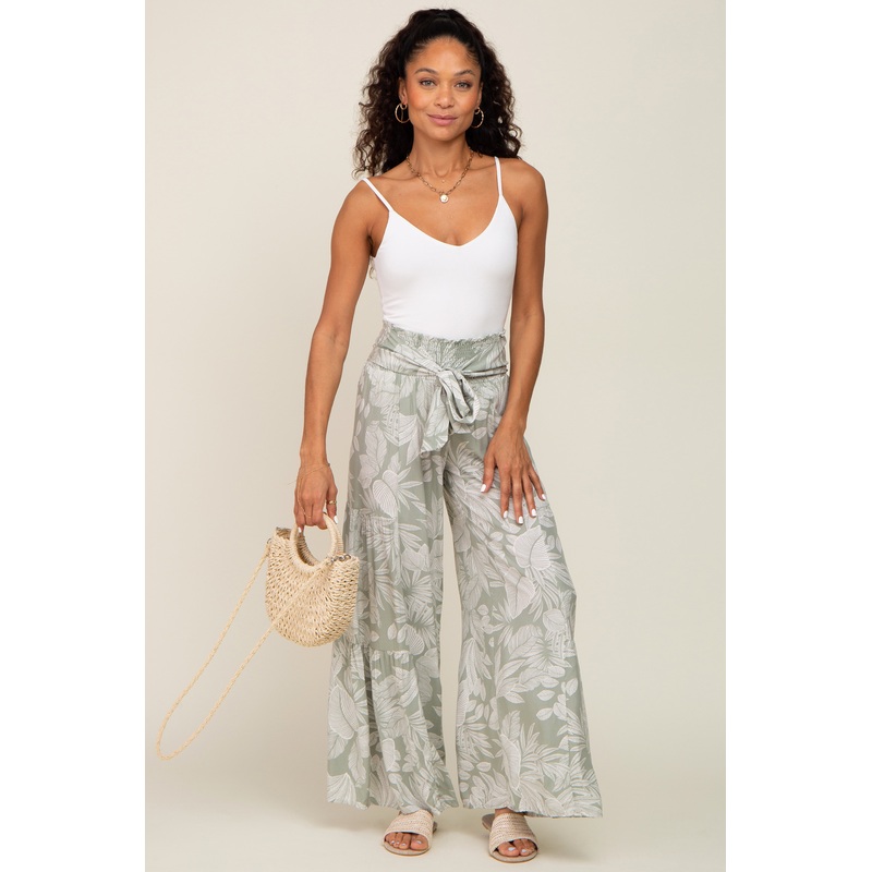 Light Olive Leaf Print Smocked Waist Bell Bottom Pants
