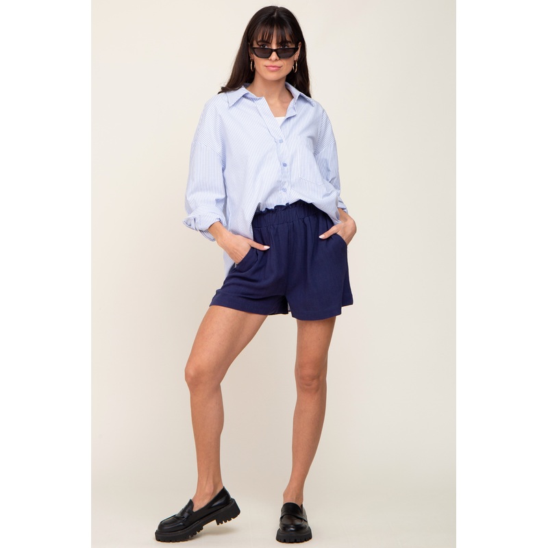 Navy Elastic Waist Linen Shorts