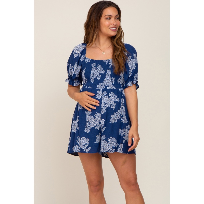 Navy Floral Smocked Puff Sleeve Maternity Romper