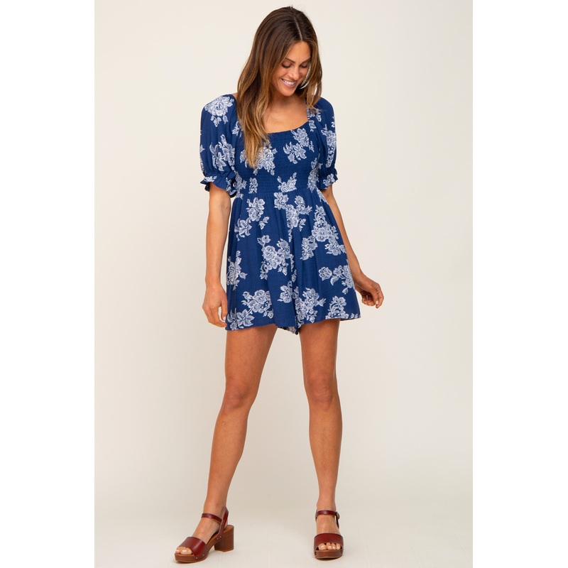 Navy Floral Smocked Puff Sleeve Romper