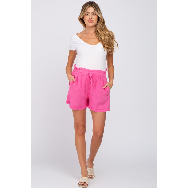 Pink Linen Smocked Waist Maternity Shorts