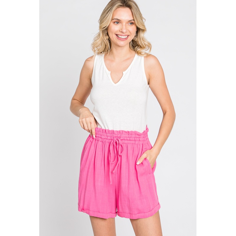 Pink Linen Smocked Waist Shorts