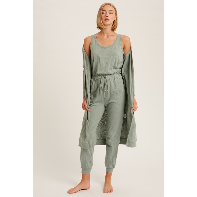 Sage Cotton Jumpsuit And Long Cardigan Knit Set