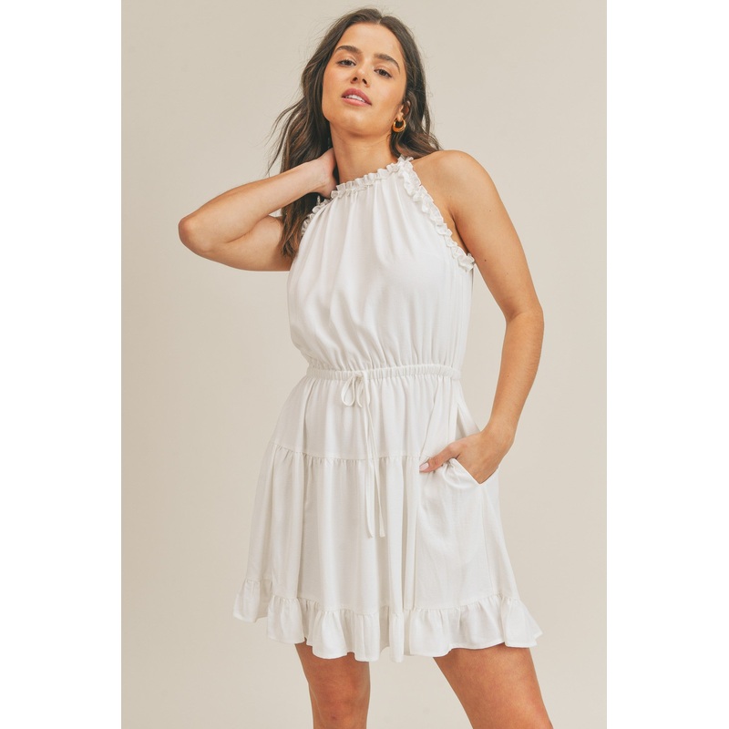 White Ruffled Halter Neck Tiered Woven Mini Dress