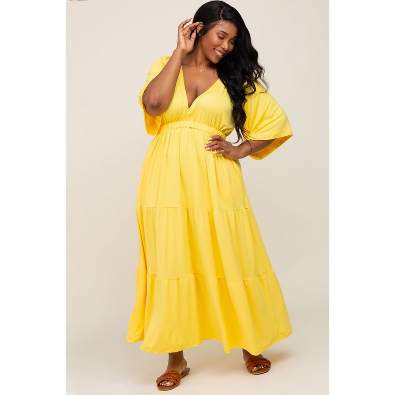 Yellow Deep V-Neck Tiered Plus Maxi Dress