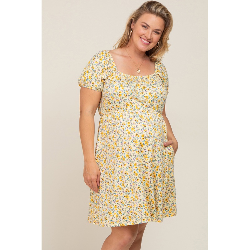 Yellow Floral Short Puff Sleeve Maternity Dress