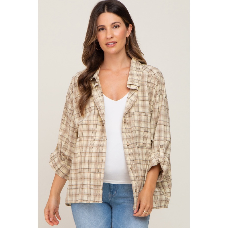 Yellow Plaid Button Up Front Pocket Maternity Top