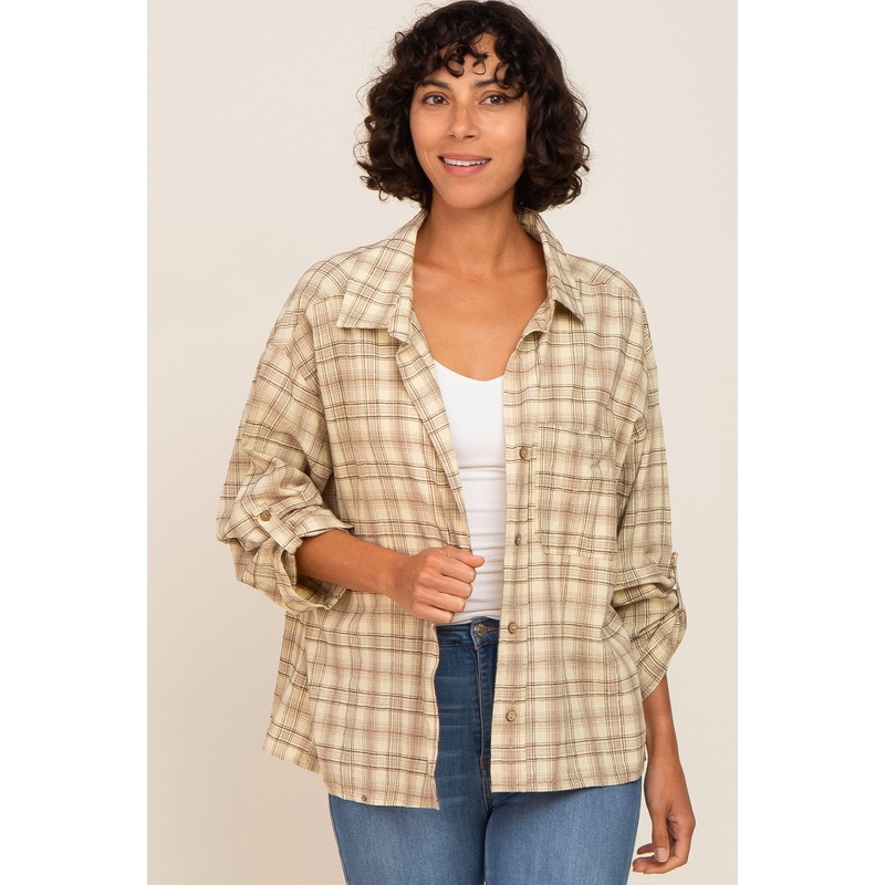 Yellow Plaid Button Up Front Pocket Top