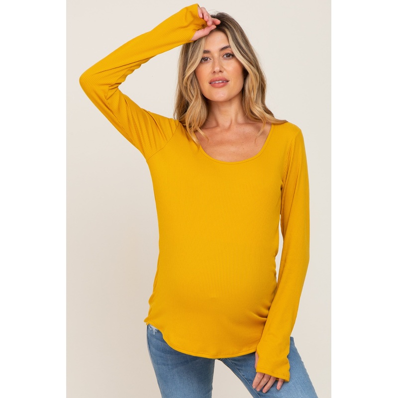 Yellow Ribbed Basic Long Sleeve Maternity Top