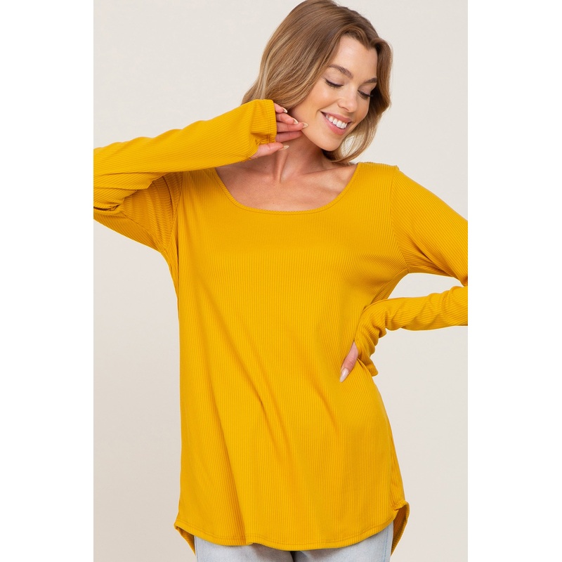 Yellow Ribbed Basic Long Sleeve Top