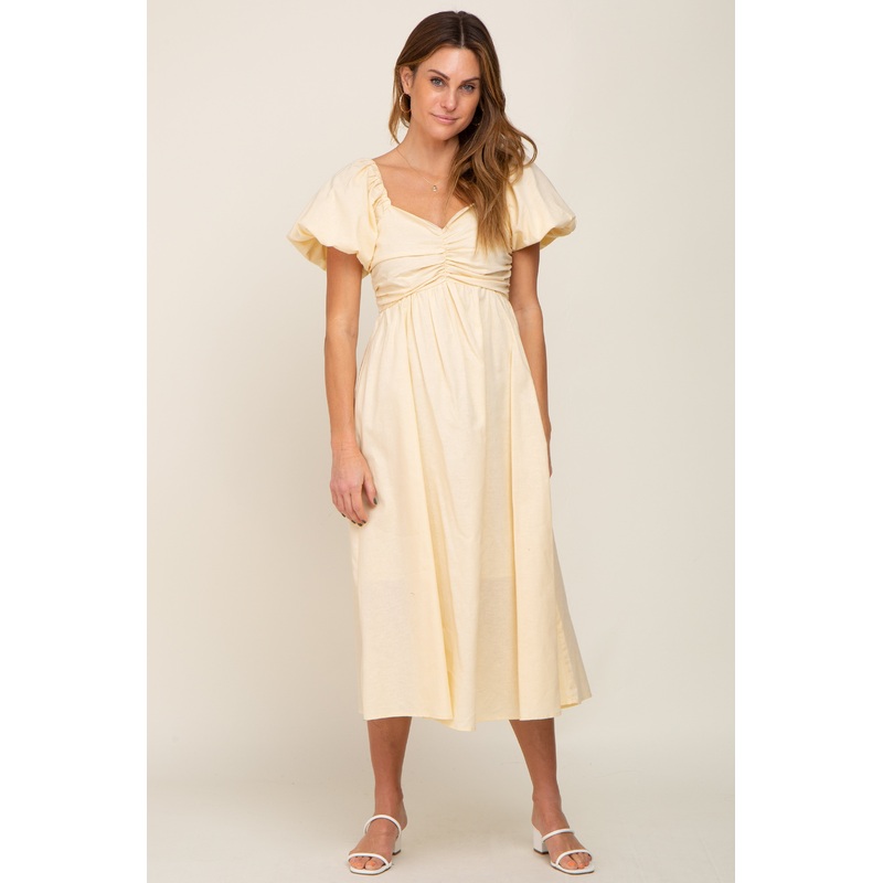 Yellow Sweetheart Neck Puff Sleeve Linen Midi Dress