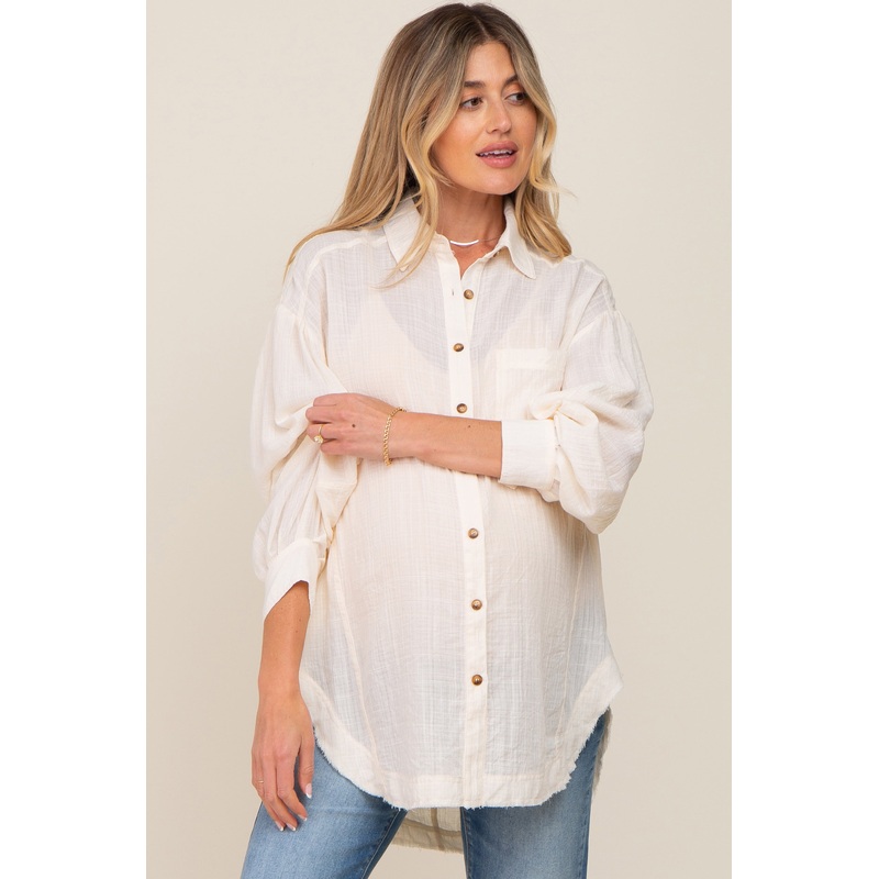 Beige Linen Collared Button Up Raw Edge Maternity Top