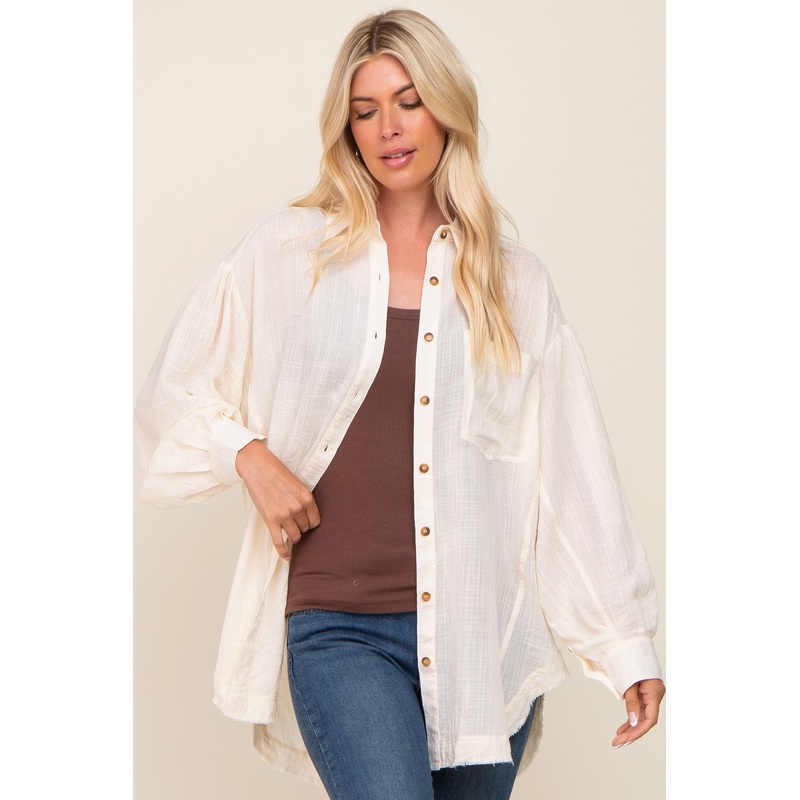 Beige Linen Collared Button Up Raw Edge Top