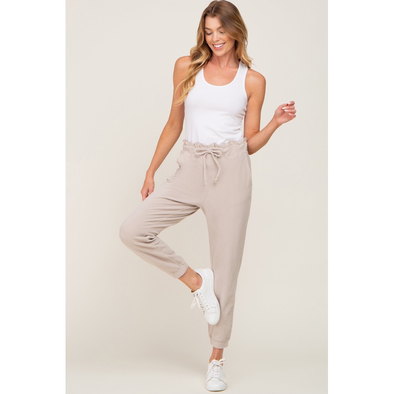 Beige Ribbed Drawstring Joggers