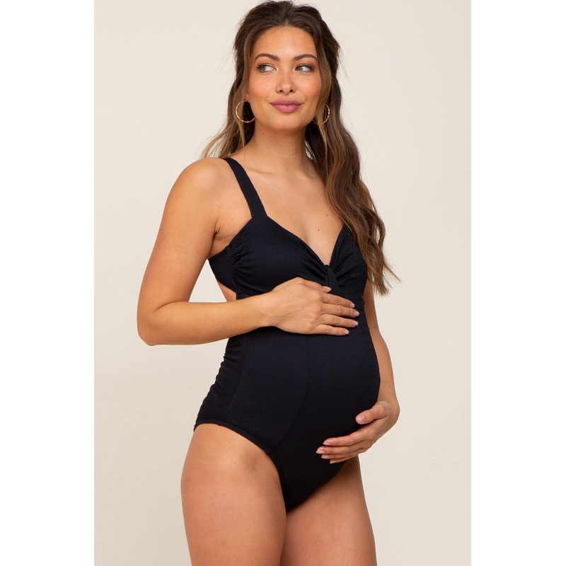 Black Smocked Back Cutout Maternity One Piece Swimsuit