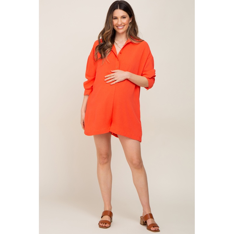 Coral Long Sleeve Button Down Maternity Romper
