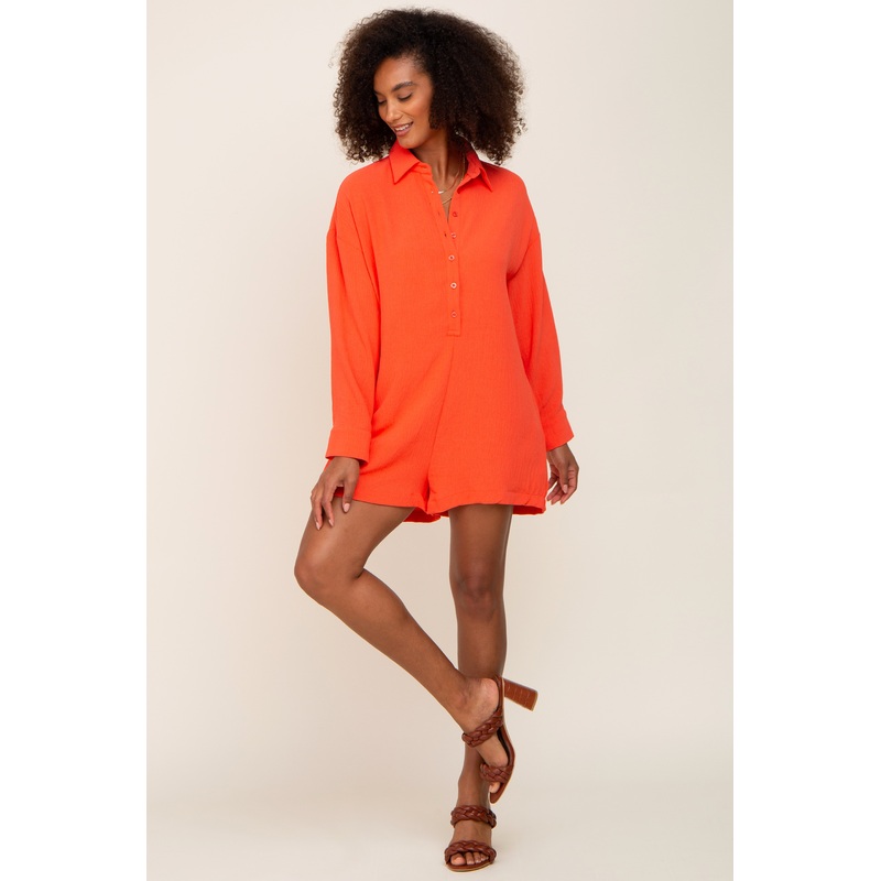 Coral Long Sleeve Button Down Romper