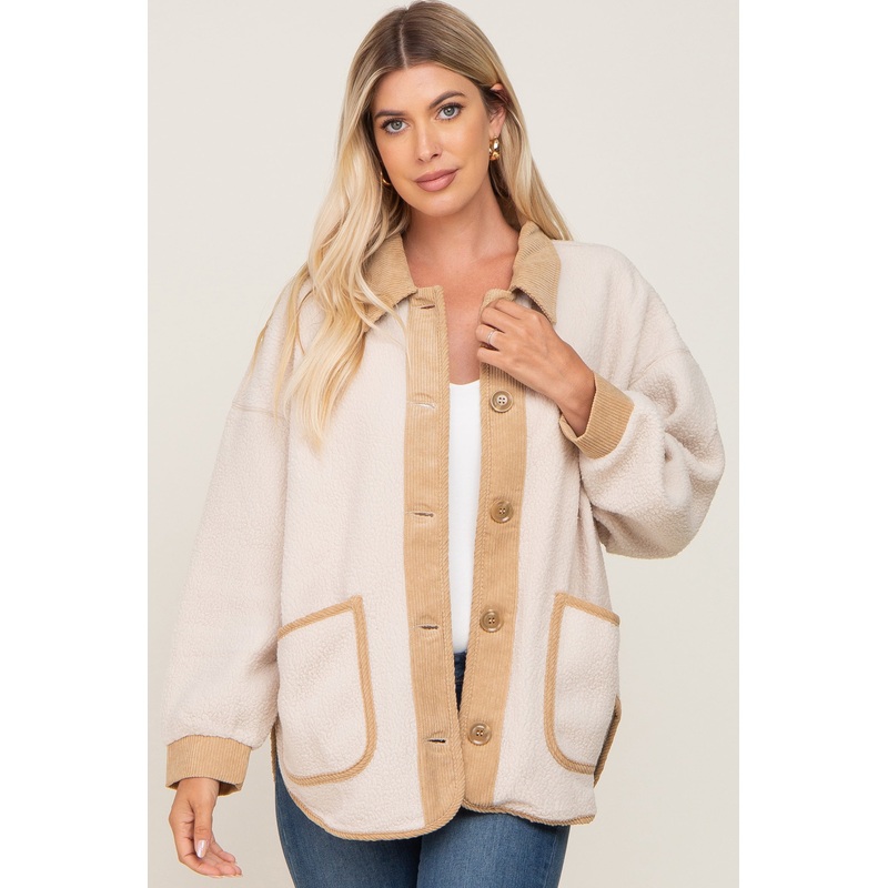 Cream Fleece Colorblock Coat