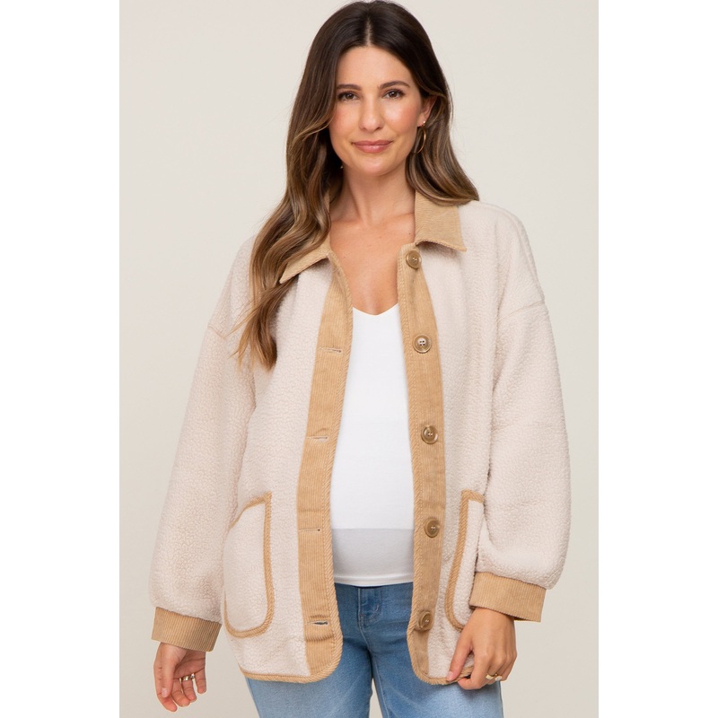 Cream Fleece Colorblock Maternity Coat