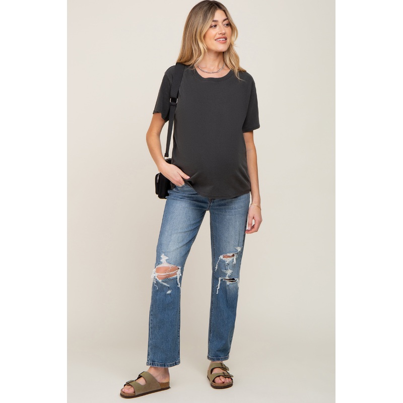 Medium Wash Distressed Straight Leg Maternity Jeans