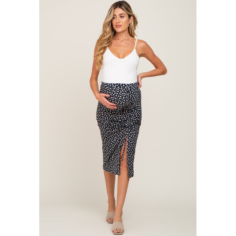 Navy Floral Ruched Cinched Side Slit Maternity Skirt