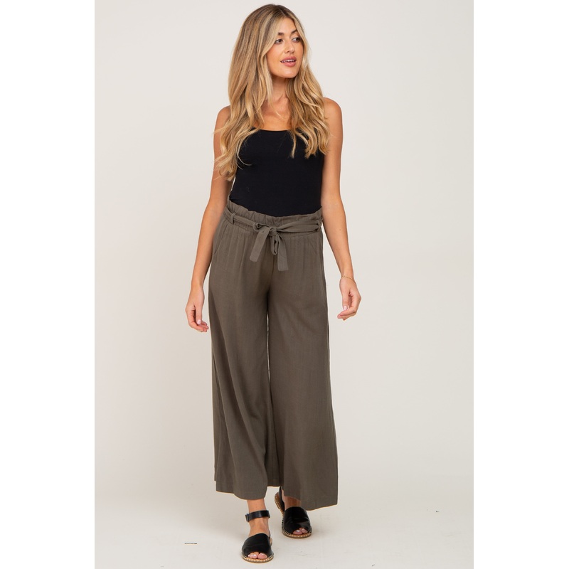 Olive Paper Bag Wide Leg Maternity Pants