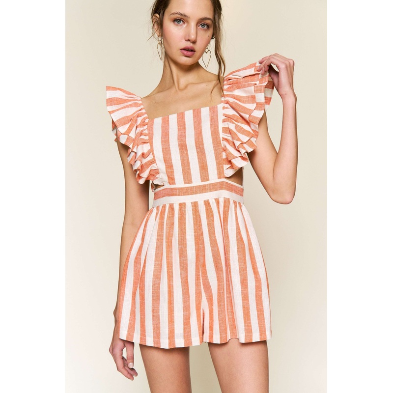 Orange Stripe Romper With Square Neck